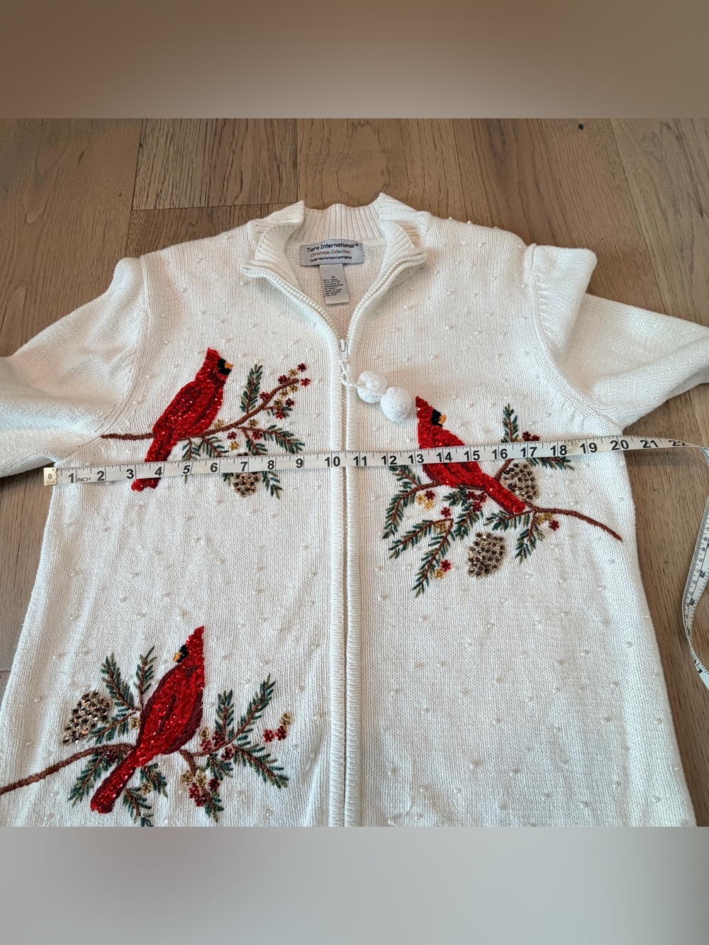 Tiara International Christmas Cardinal Sweater M Beaded Zip Front Pom Pom Vtg - Picture 8 of 11